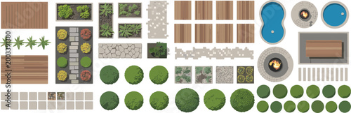Top-down view of landscaping including planters, trees, bushes, pool, fire pit, and wooden deck overhead