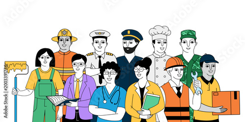 Diverse group of workers from different professions standing together.