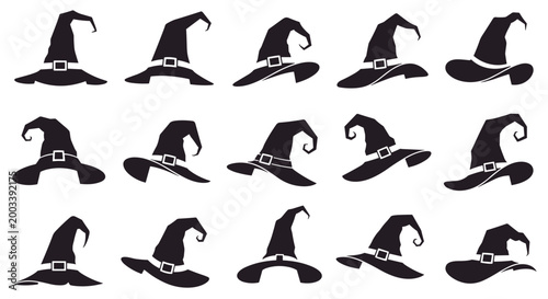 Various silhouettes of black witch hats for halloween decorations and spooky themed graphic design projects in a grid layout.