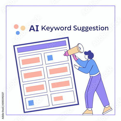 Person using megaphone to suggest ai keywords on webpage suggestion