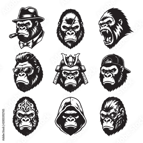 vector set of angry gorilla faces with varied expressions and headgear