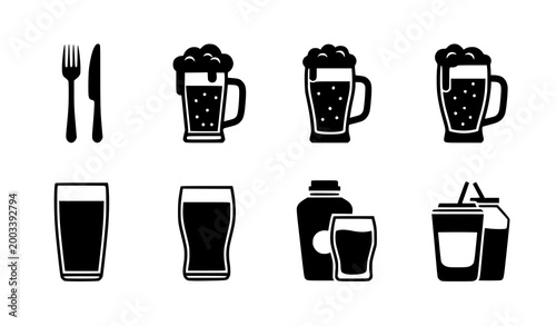 Food and Beverage Icon Set with Cutlery Beer Mug Pint Glass Bottled Drink and Takeaway Cups for Restaurant Bar Cafe Menu Design