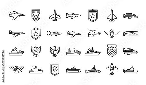 Military Aviation and Naval Icon Set with Fighter Jets Helicopter Warship Submarine and Army Badges for Defense Security and Tactical Design Projects