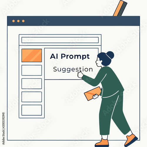 Woman interacting with ai prompt suggestion on computer screen