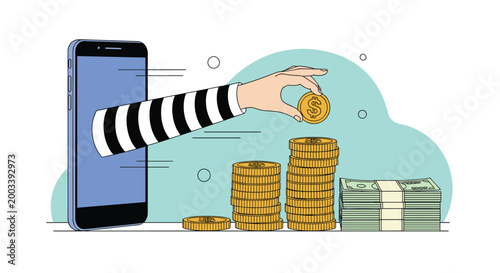 Arm in a striped thief sleeve reaching out from a digital smartphone screen to steal stacks of gold coins and paper cash.
