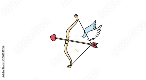 Cupid bow and arrow with wings and a heart shaped tip as a symbol for love and romance on valentiness day.