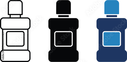 Mouthwash bottle vector icon variants in black and blue flat style, editable oral hygiene and dental care symbols collection for healthcare branding and pharmacy packaging design