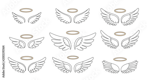 Collection of nine different pairs of white angel wings each with a golden halo depicted in simple line art style.