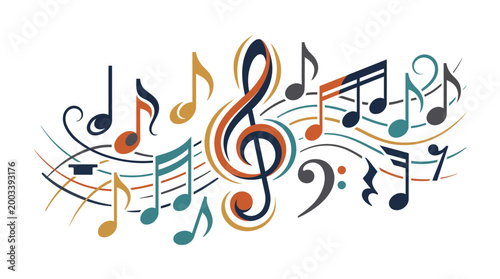 A decorative black vector illustration featuring a treble clef and musical notes intertwined with elegant flowers to create a melodic art pattern and sound concept design
