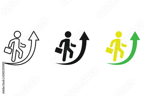 Career progression icons black white and green variations of a climbing businessperson