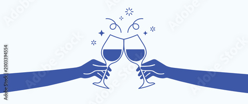 Celebration Cheers Two Hands Clinking Wine Glasses Festive Confetti Stars Abstract Minimalist Blue Design