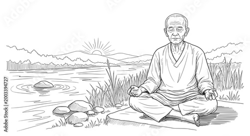 Senior Man Meditating Lakeside Sunrise Sketch 