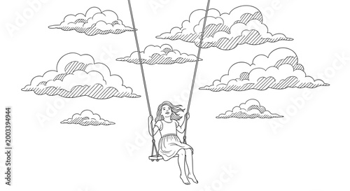 Girl Swinging Clouds Dream Childhood Illustration