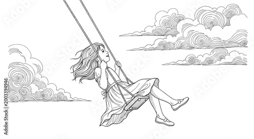 Girl Swinging Joyfully Outdoors Sketch Illustration
