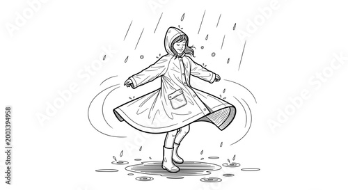 Girl Splashing Puddles Raincoat Outdoor Fun