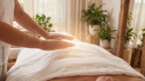 Reiki Practitioner Hovering Hands Over Client Body on Massage Table in Bright Healing Room Design