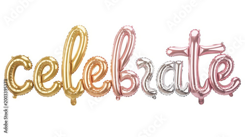 Metallic foil balloons spelling the word celebrate in gold, rose gold, and silver colors isolated