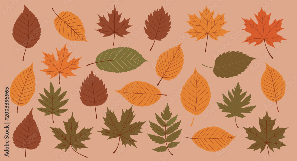Obraz premium Various shapes and colors of autumn leaves scattered across a warm peach background representing the beauty of the fall season.