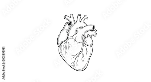 Detailed black and white line art sketch of a human anatomical heart showing various vessels, chambers, and arteries.