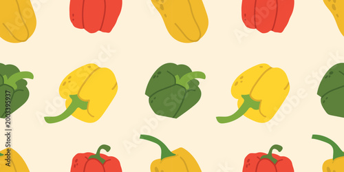 Seamless pattern featuring yellow, red and green bell peppers. Bright and fresh vegetable backdrop for digital backgrounds, scrapbooking, or textile design.