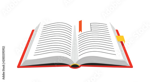 Open book illustration with red covers and multiple lines of text featuring colorful bookmarks on a clean white background.