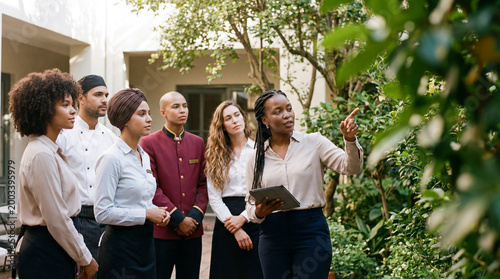 Diverse hospitality operations team having an outdoor meeting. Female manager with a tablet instructing hotel staff including a chef, bellhop, and waitstaff. Teamwork and leadership concept