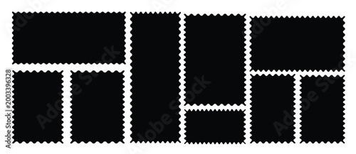 wavy rectangular frames scallop set black. Postage stamp borders. Geometric shapes stickers with zigzag wavy edge. scallop edge shape