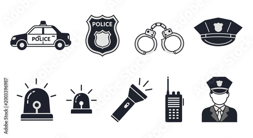 police equipment icons set silhouette high quality professional detailed modern elegant