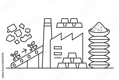 Raw material processing factory line icon for recycled construction aggregate