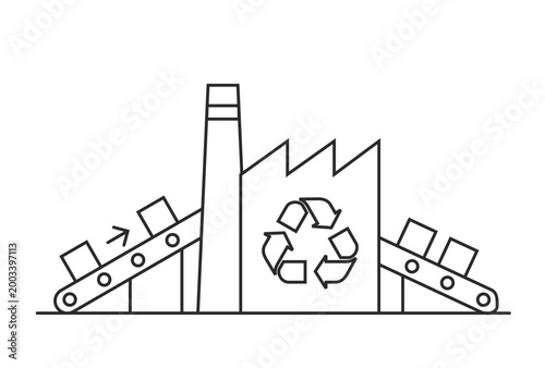 Recycling factory plant line icon with conveyor belts and eco symbol.