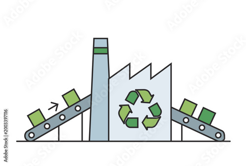 Modern recycling factory with conveyor belts and green eco recycle symbol