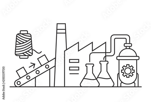 Textile and clothing recycling factory line icon with chemical processing