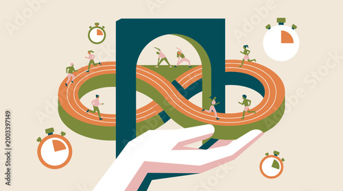 Infinity loop track with runners and stopwatches