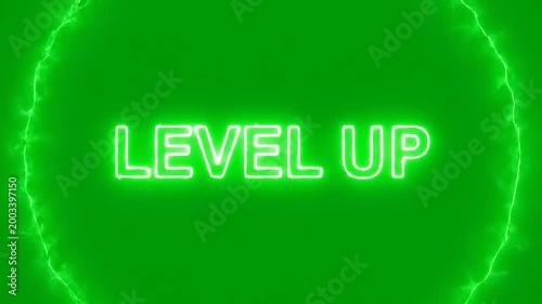 Level Up: An electrifying digital message glows with vibrant green neon, signaling progress and advancement on a background of static energy.