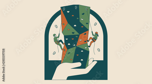 Rock climbing wall with climbers and hand support
