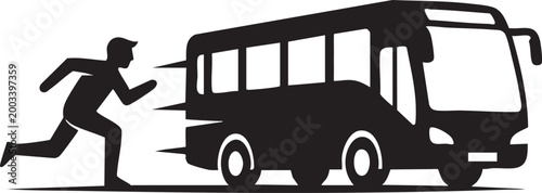 Man running away from a bus in a hurry on a white background