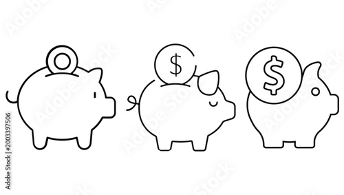 Piggy bank savings icons set in outline style, money box with coins and dollar symbols, finance investment and budget concept, minimal line vector illustration for banking and economy design