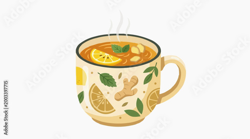 A warming mug of herbal tea, adorned with lemon, ginger and mint, inviting a comforting experience of well-being. 