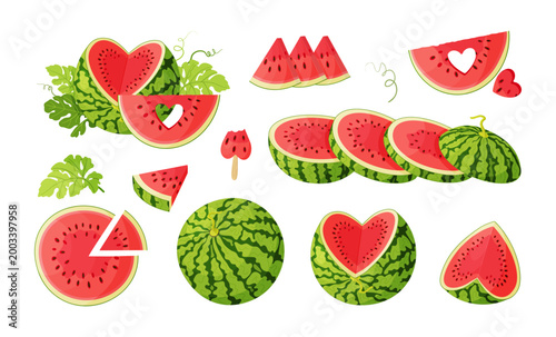 Watermelon big set with whole fruits, halves, slices, heart cut, and leaves. Hand drawn flat style. Fresh summer illustration isolated. For summer designs, food packaging, menus, posters, textiles.