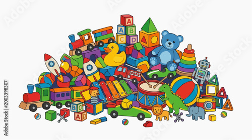 A vibrant collection of children's toys forms a colorful pile, igniting imagination and playfulness, appealing to a variety of interests. 