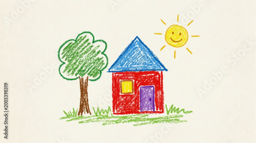 A childlike drawing of a cozy home, a bright sun, and a lush tree, evoking warmth, comfort, and the simplicity of childhood.