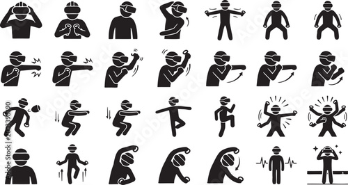 VR Fitness Workout Silhouettes - Immersive Virtual Reality Training Exercise Icon Set.