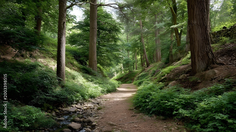 Fototapeta premium A winding dirt pathway through a dense temperate forest framed by lush undergrowth and towering tree trunks