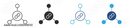 Network link icon set. Connection and sharing concept. Chain link nodes symbol in line, filled and colored styles. Vector illustration.
