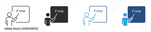 Physics teacher icon set. Education and science concept. Instructor with formula board symbol in outline, solid and color styles. Vector illustration.