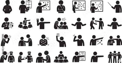 Tableau sur toile Sports Coach Tactical Instruction Silhouettes - Leadership & Strategy Coaching Icon Set