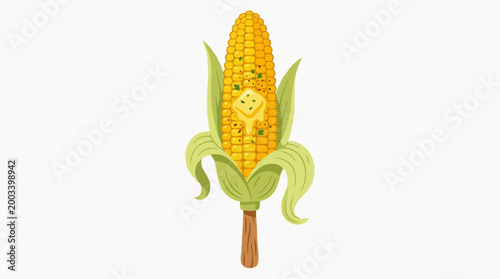 A vibrant and inviting ear of corn stands as a culinary symbol of freshness. It features a bright yellow cob bursting with kernels. It's ready to be savored.