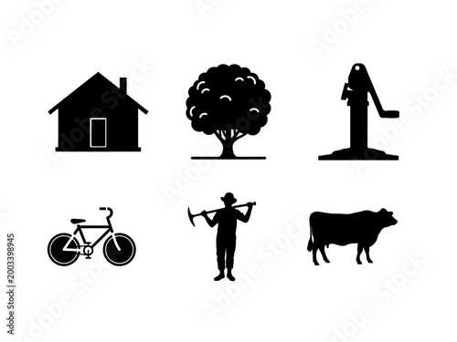 Rural farming silhouette icon set, village agriculture elements house, tree, hand pump, bicycle farmer cow solid black vector icons isolated