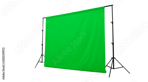 This image captures a fully assembled, professional-grade portable green screen chroma key backdrop kit, set up on a clean white studio background, Transparent PNG