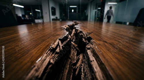 A deep jagged fissure tears through the center of a polished wooden conference table, a powerful visual metaphor for irreparable corporate conflict, broken trust, and organizational...